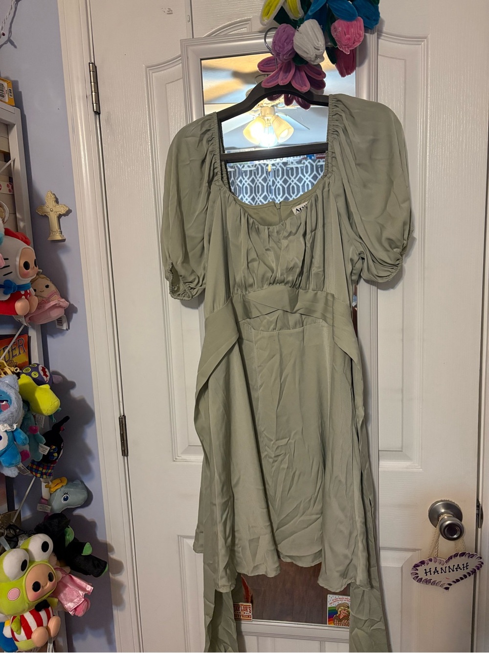 ARULA Sage Green Midi Puff-Sleeve Dress